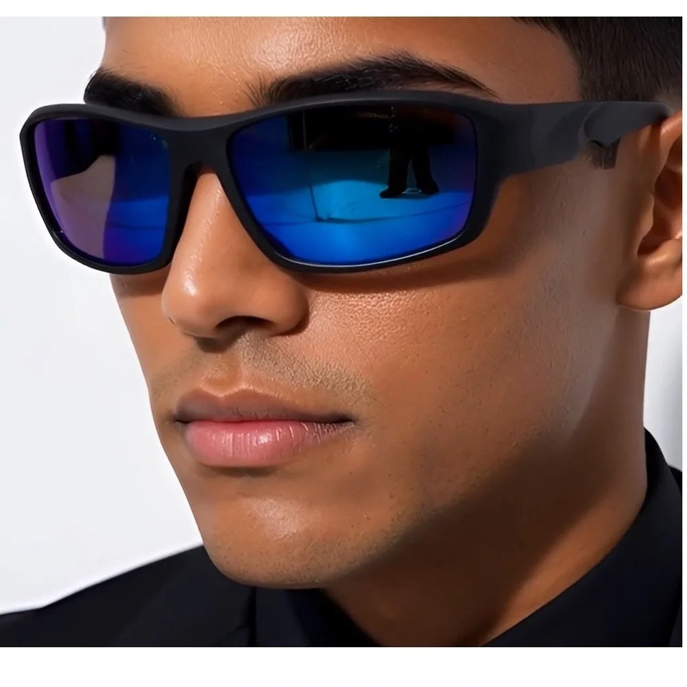 Mens Black Sport Wrap Sunglasses Blue Mirrored Lenses Vibrant Sleek Lentes Gafas